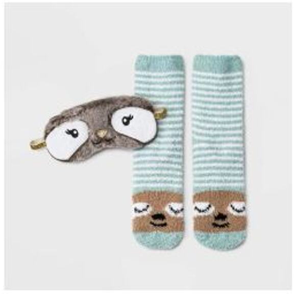 Sloth Faux Fur Eye Mask & Cozy Socks Set Brown Mint 4-10‎ Soft Smooth New Womens - Picture 1 of 7